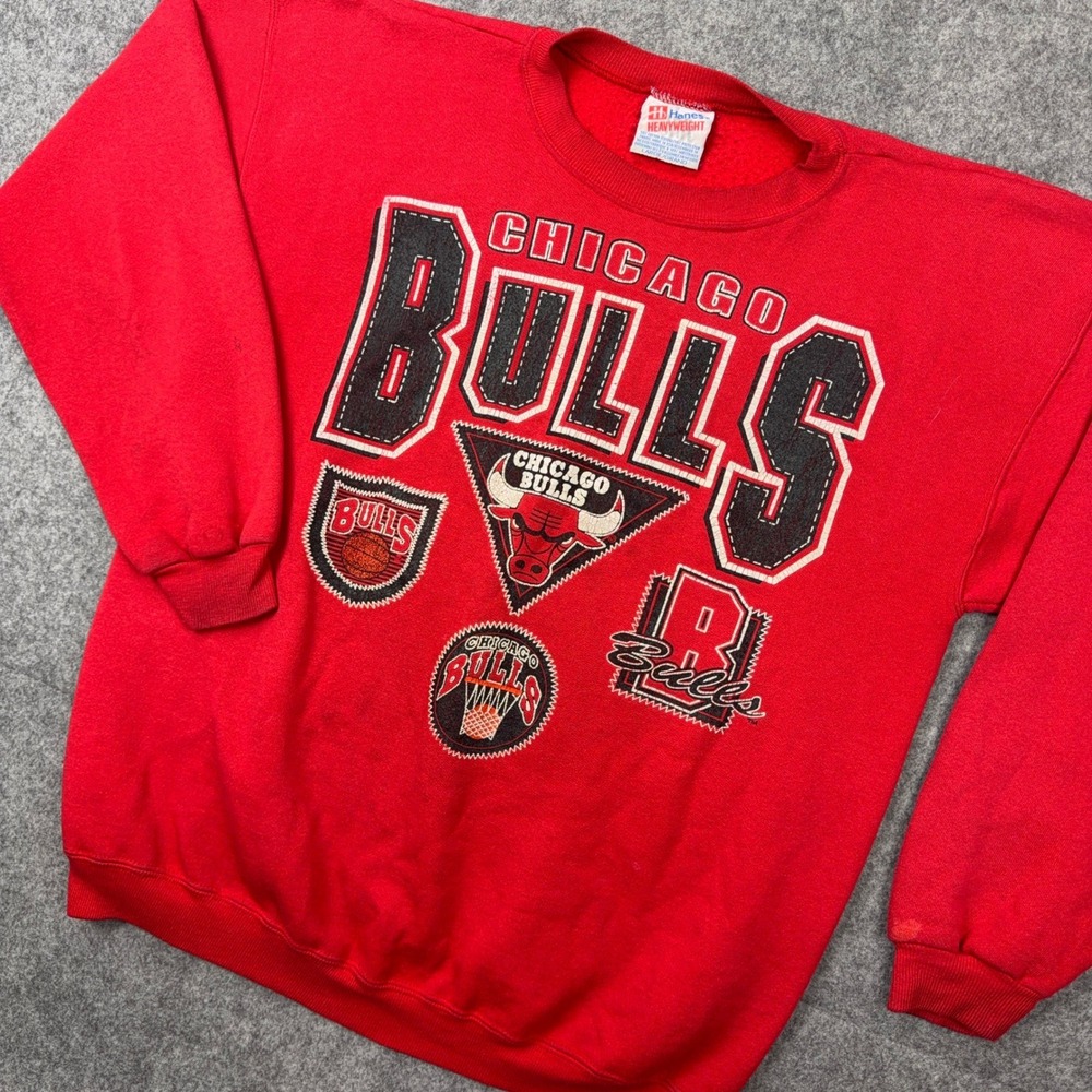 VTG Chicago Bulls Sweatshirt Mens Large Red Graphic Fleece Crewneck NBA 90s - Picture 1 of 13